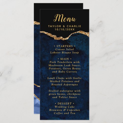 Navy Blue and Gold Agate Marble Wedding Menu