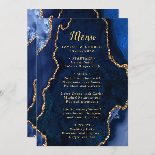 Navy Blue and Gold Agate Marble Wedding Menu