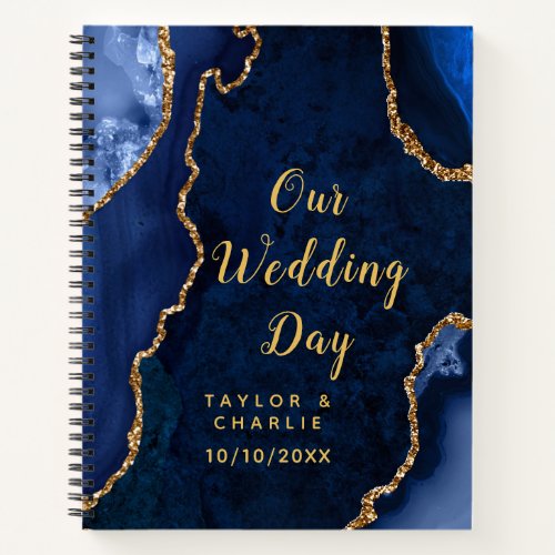 Navy Blue and Gold Agate Marble Wedding Notebook