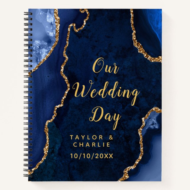 Navy Blue and Gold Agate Marble Wedding Notebook (Front)