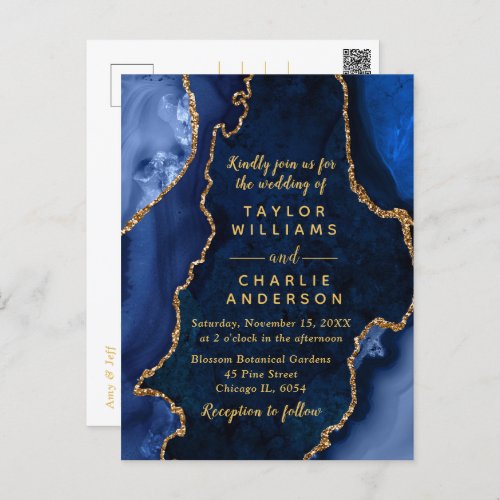 Navy Blue and Gold Agate Marble Wedding Postcard