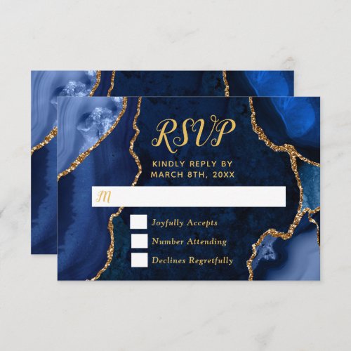 Navy Blue and Gold Agate Marble Wedding RSVP Card