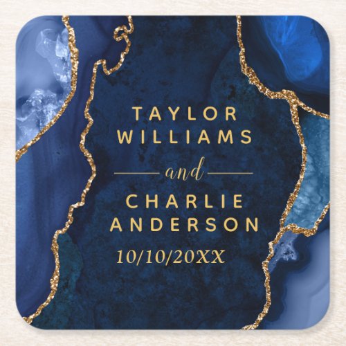Navy Blue and Gold Agate Marble Wedding Square Paper Coaster