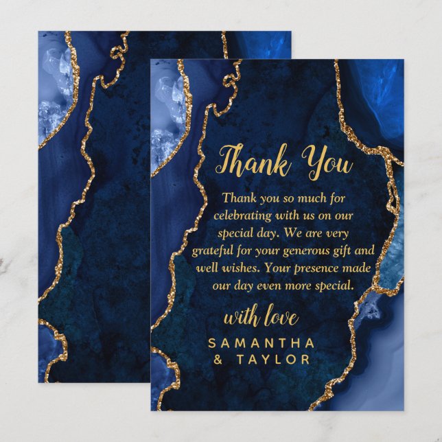 Navy Blue and Gold Agate Marble Wedding Thank You Card (Front/Back)