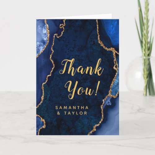 Navy Blue and Gold Agate Marble Wedding Thank You Card