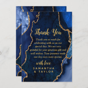 Navy Blue and Gold Agate Marble Wedding Thank You Card