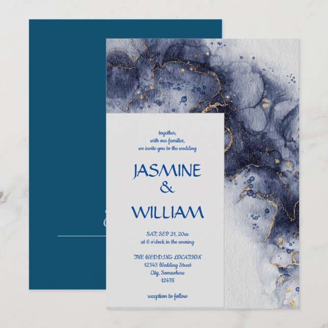 Navy Blue and Gold Agate  Modern Marble Invitation (Front/Back)