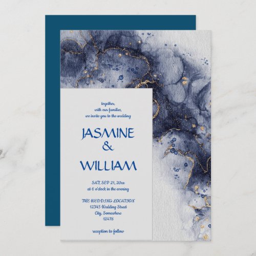 Navy Blue and Gold Agate  Modern Marble Invitation