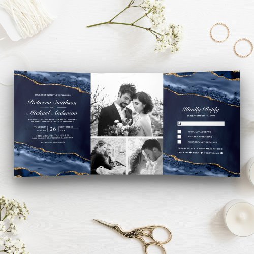 Navy Blue and Gold Agate Photo Collage Wedding Tri_Fold Invitation