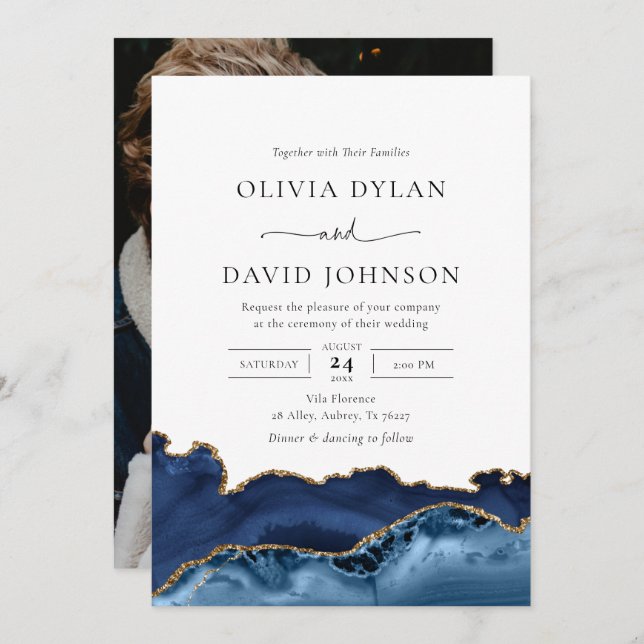 Navy Blue and Gold Agate Photo Wedding Invitation (Front/Back)