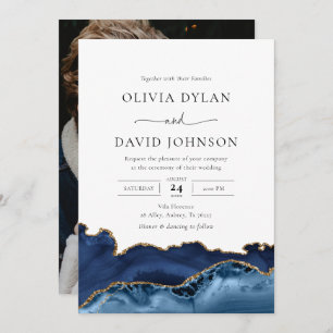 Navy Blue and Gold Agate Photo Wedding Invitation