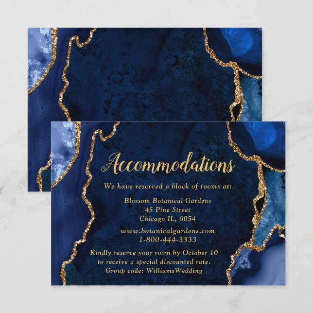 Navy Blue and Gold Agate Wedding Accommodations Enclosure Card (Front/Back)