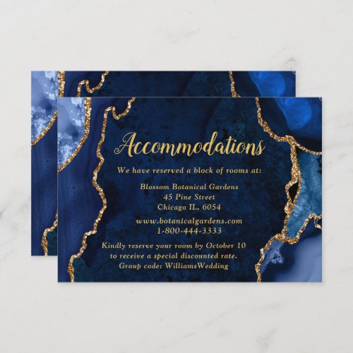 Navy Blue and Gold Agate Wedding Accommodations Enclosure Card