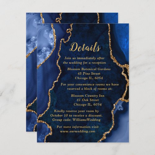 Navy Blue and Gold Agate Wedding Details Enclosure Card
