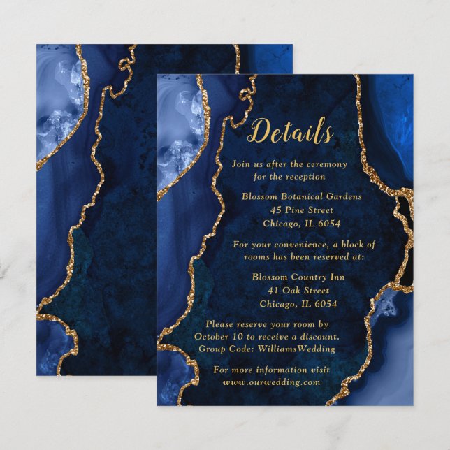 Navy Blue and Gold Agate Wedding Details Enclosure Card (Front/Back)