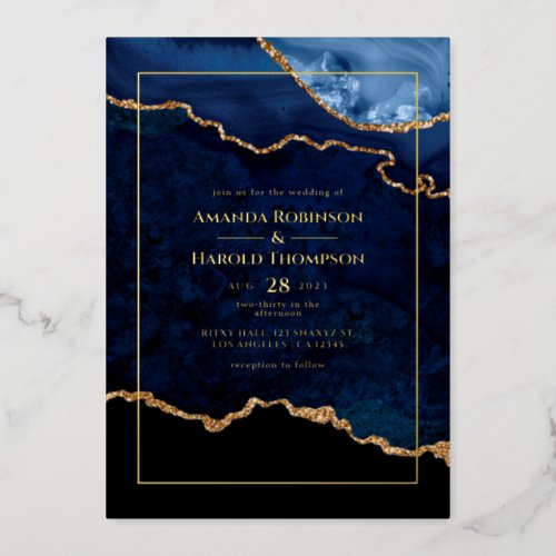 Navy Blue and Gold Agate Wedding Foil Invitation