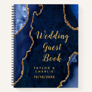 Navy Blue and Gold Agate Wedding Guest Book