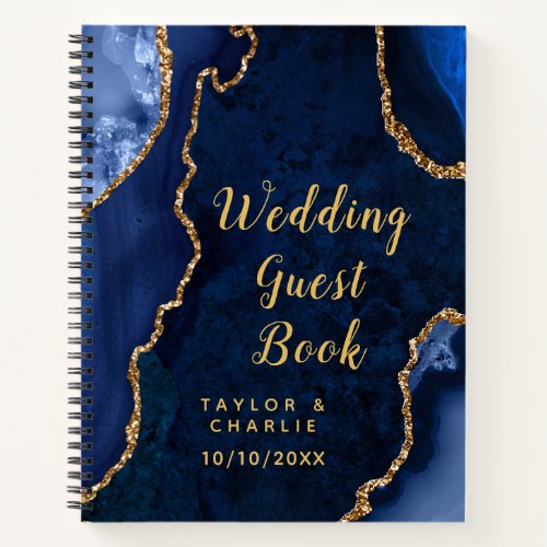 Navy Blue and Gold Agate Wedding Guest Book