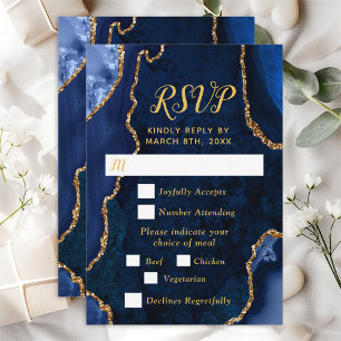 Navy Blue and Gold Agate Wedding Meal Choice RSVP Card