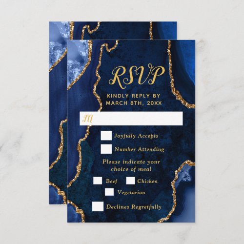 Navy Blue and Gold Agate Wedding Meal Choice RSVP Card