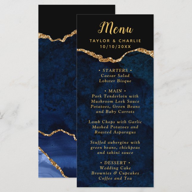 Navy Blue and Gold Agate Wedding Menu (Front/Back)