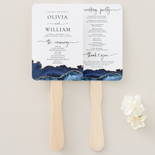 Navy Blue and Gold Agate Wedding Program Hand Fan