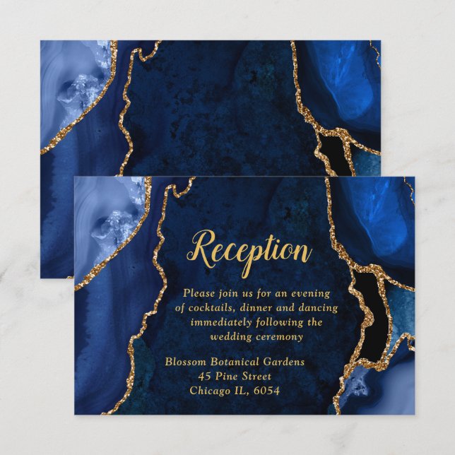 Navy Blue and Gold Agate Wedding Reception Enclosure Card (Front/Back)