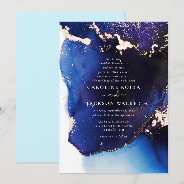 Navy Blue and Gold Alcohol Ink Wedding Invitation (Front/Back)