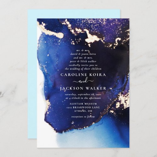 Navy Blue and Gold Alcohol Ink Wedding Invitation