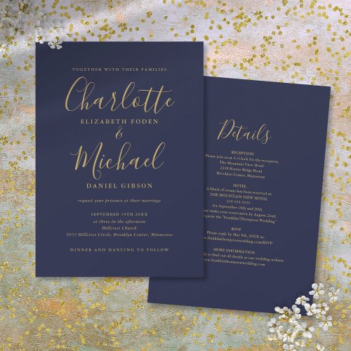 Navy Blue And Gold All In One Chic Script Wedding Invitation