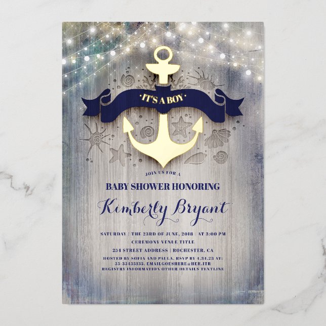 Navy Blue and Gold Anchor Rustic Beach Baby Shower Foil Invitation (Front)
