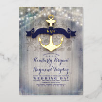 Navy Blue and Gold Anchor Rustic Beach Wedding Foil Invitation