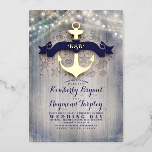 Navy Blue and Gold Anchor Rustic Beach Wedding Foil Invitation