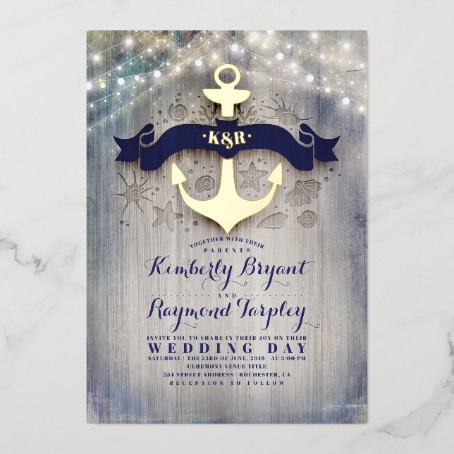 Navy Blue and Gold Anchor Rustic Beach Wedding Foil Invitation (Front)