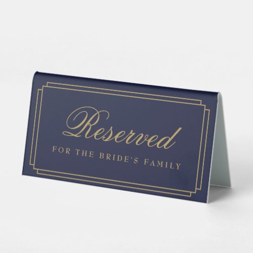 Navy Blue And Gold Art Deco Wedding Reserved Table Tent Sign