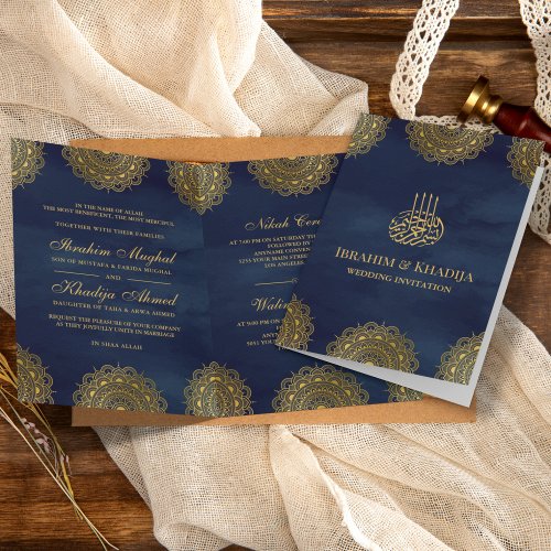 Navy Blue and Gold Asian Motif Muslim Wedding Invitation