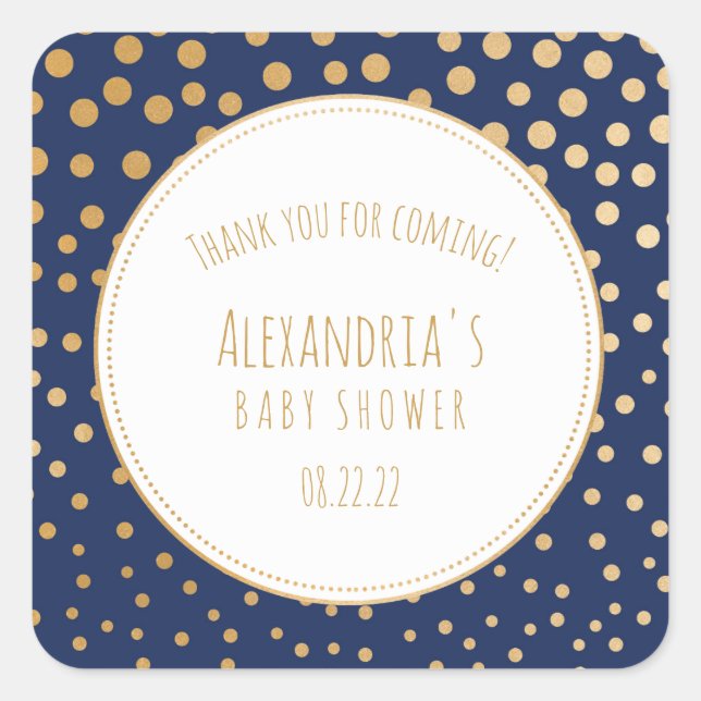 Navy blue and gold baby shower favor sticker (Front)