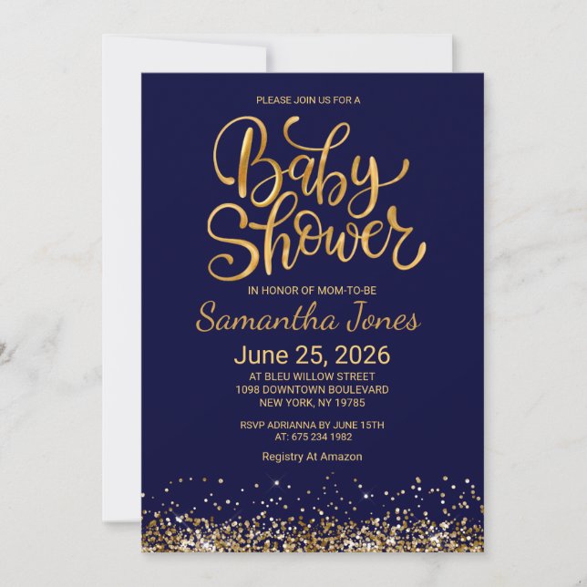 Navy Blue and Gold Baby Shower Invitation (Front)