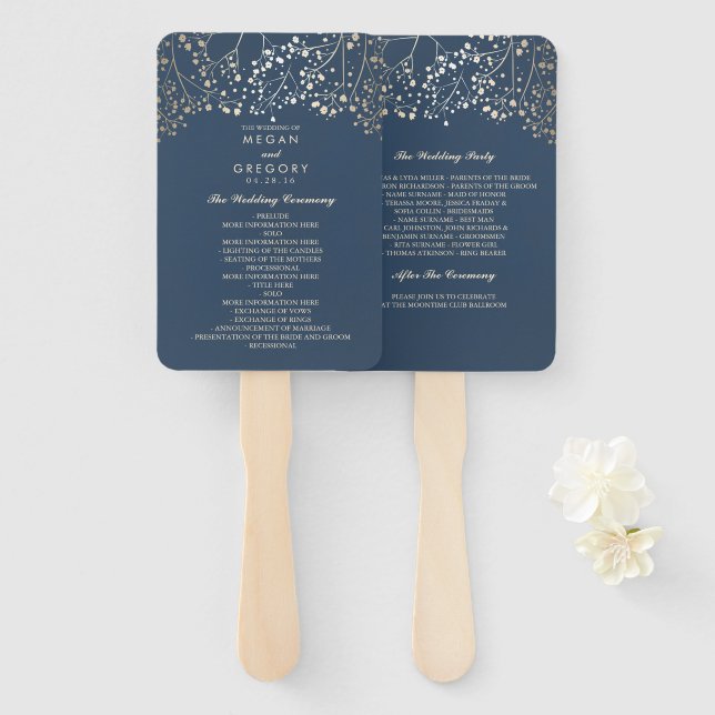 Navy Blue and Gold | Baby's Breath Wedding Program Hand Fan (Front and Back)