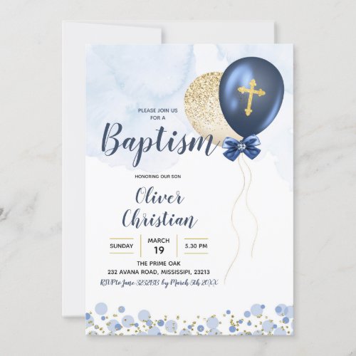 Navy Blue and Gold Balloon Boy Baptism Invitation