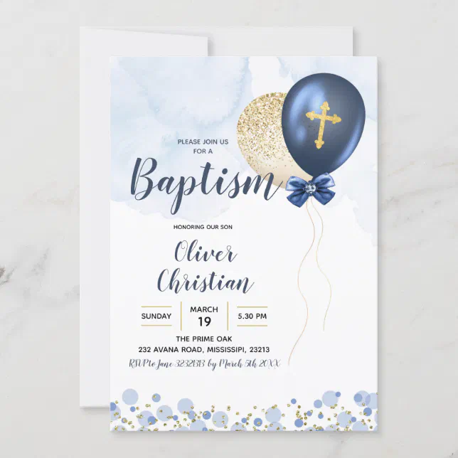 Navy Blue and Gold Balloon Boy Baptism Invitation | Zazzle