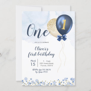 Navy Blue and Gold Balloon Boy First Birthday Inv Invitation