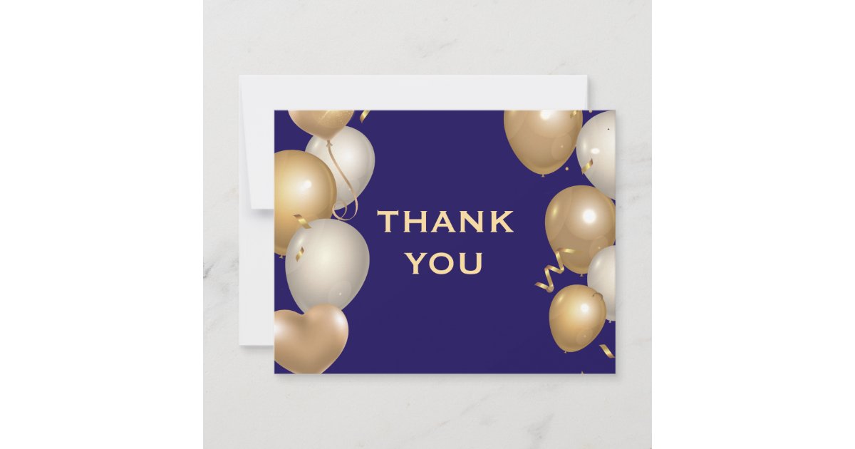 Navy Blue and Gold Balloons Confetti Thank You Card | Zazzle
