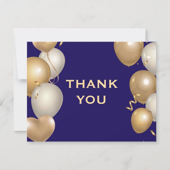 Navy Blue and Gold Balloons Confetti Thank You Card (Front)