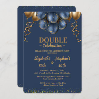 Navy Blue and gold balloons double joint birthday Invitation