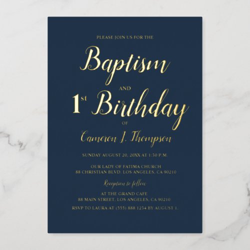 Navy blue and gold Baptism and 1st birthday Foil Holiday Card