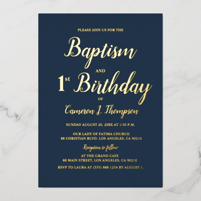 Navy blue and gold Baptism and 1st birthday Foil Holiday Card (Front)