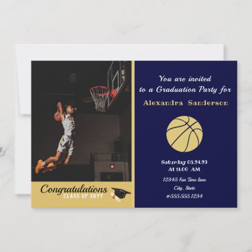 Navy Blue and Gold Basketball graduation party Invitation
