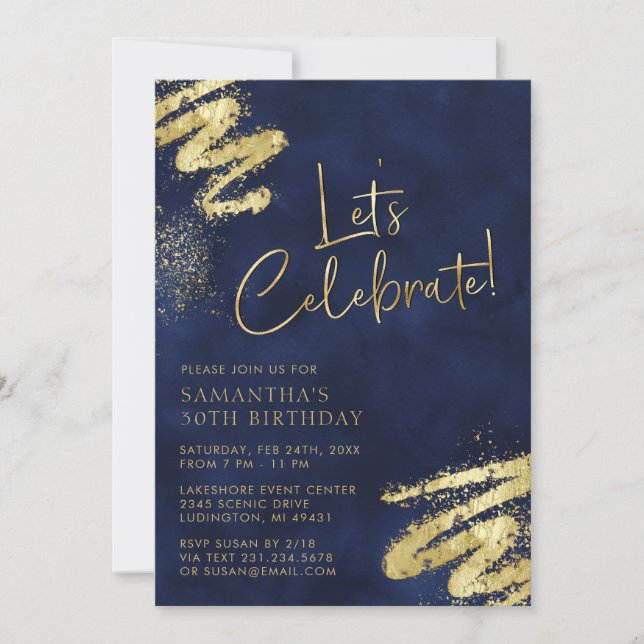 Navy Blue and Gold Birthday Invitation (Front)