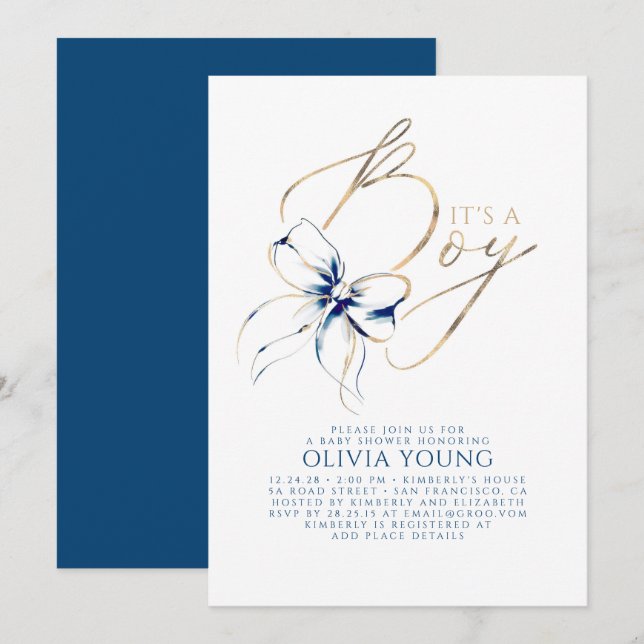 Navy Blue and Gold Bow Boy Baby Shower Invitation (Front/Back)